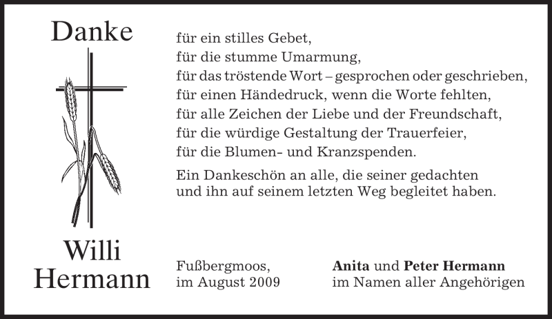  Traueranzeige für Willi Hermann vom 08.08.2009 aus MERKUR & TZ