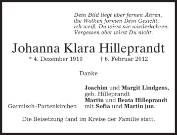 Traueranzeige von Johanna Klara Hilleprandt von MERKUR & TZ