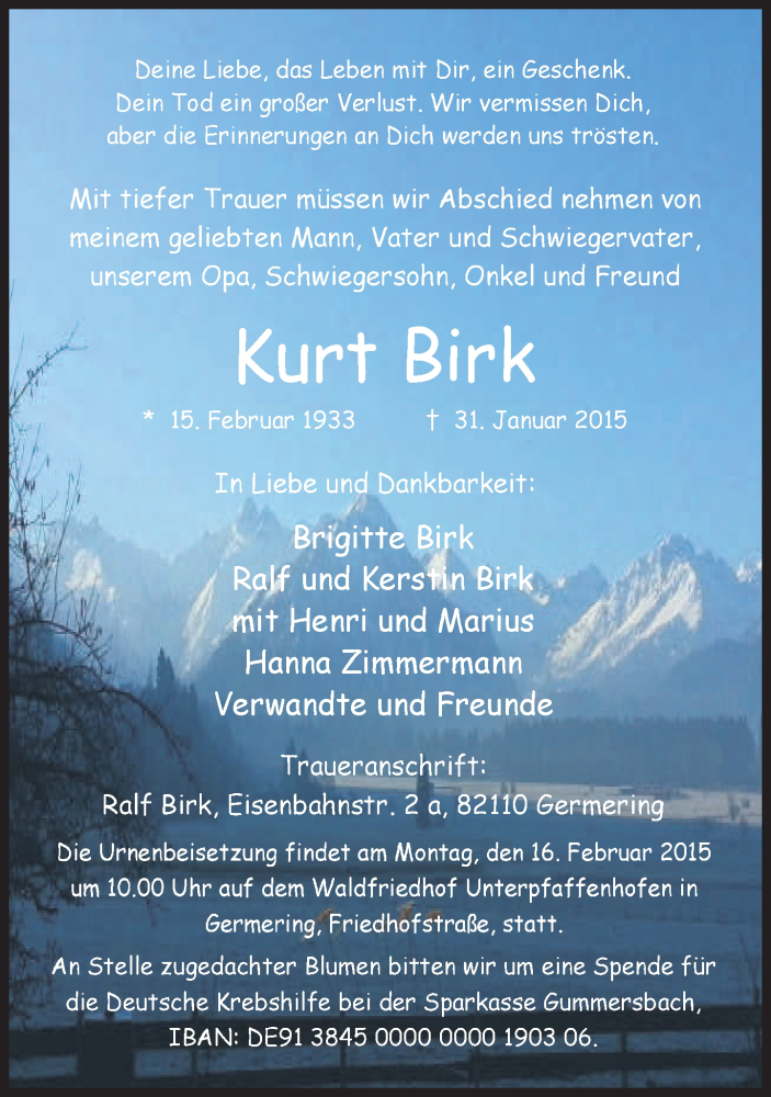  Traueranzeige für Kurt Birk vom 13.02.2015 aus merkurtz