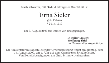 Traueranzeige von Erna Sieler von MERKUR & TZ
