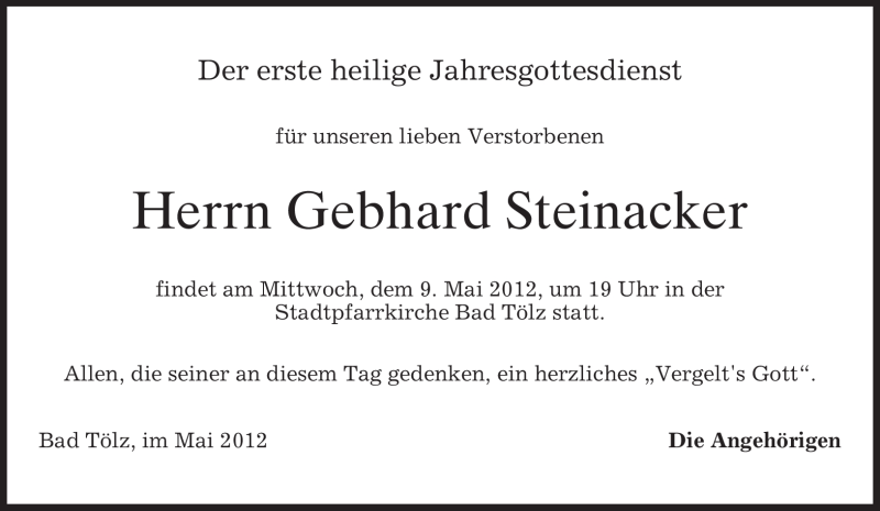  Traueranzeige für Gebhard Steinacker vom 08.05.2012 aus MERKUR & TZ