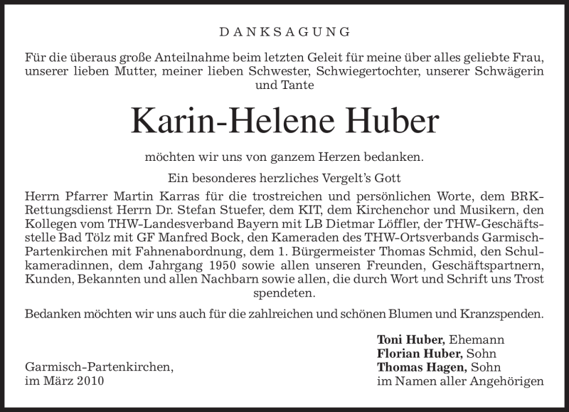  Traueranzeige für Karin-Helene Huber vom 06.03.2010 aus MERKUR & TZ
