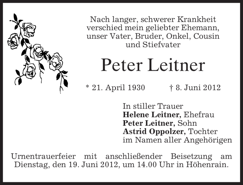  Traueranzeige für Peter Leitner vom 16.06.2012 aus MERKUR & TZ