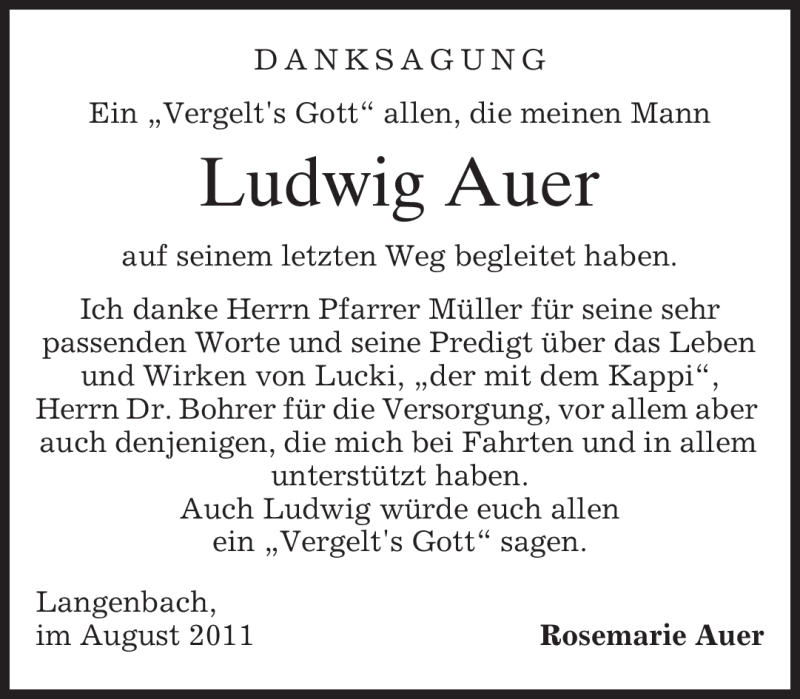  Traueranzeige für Ludwig Auer vom 27.08.2011 aus MERKUR & TZ