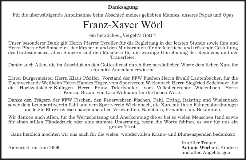  Traueranzeige für Franz-Xaver Wörl vom 27.06.2009 aus MERKUR & TZ