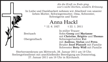 Traueranzeige von Anna Hackl von MERKUR & TZ