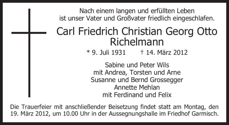  Traueranzeige für Carl Friedrich Christian Georg Otto Richelmann vom 17.03.2012 aus MERKUR & TZ
