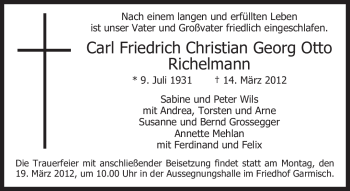 Traueranzeige von Carl Friedrich Christian Georg Otto Richelmann von MERKUR & TZ