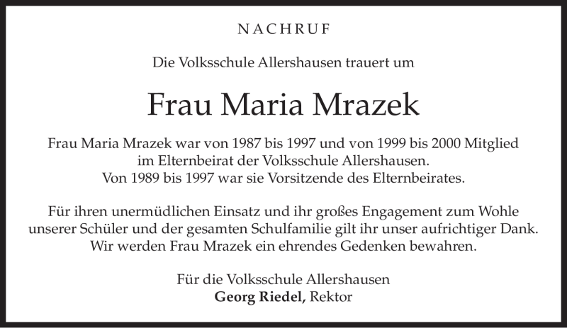  Traueranzeige für Maria Mrazek vom 04.11.2010 aus MERKUR & TZ