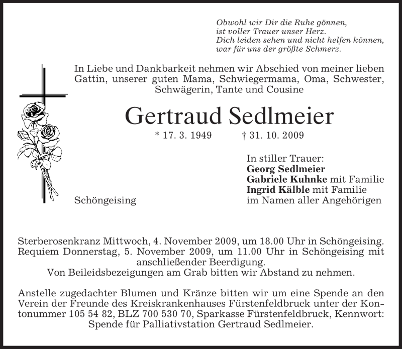  Traueranzeige für Gertraud Sedlmeier vom 03.11.2009 aus MERKUR & TZ