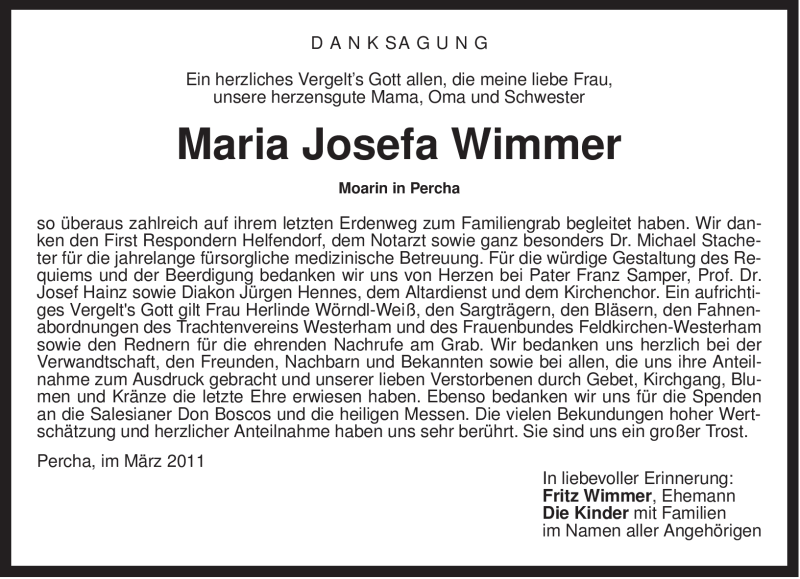  Traueranzeige für Maria Josefa Wimmer vom 12.03.2011 aus MERKUR & TZ