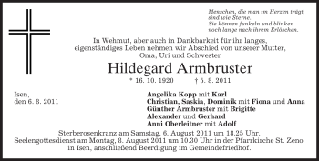 Traueranzeige von Hildegard Armbruster von MERKUR & TZ