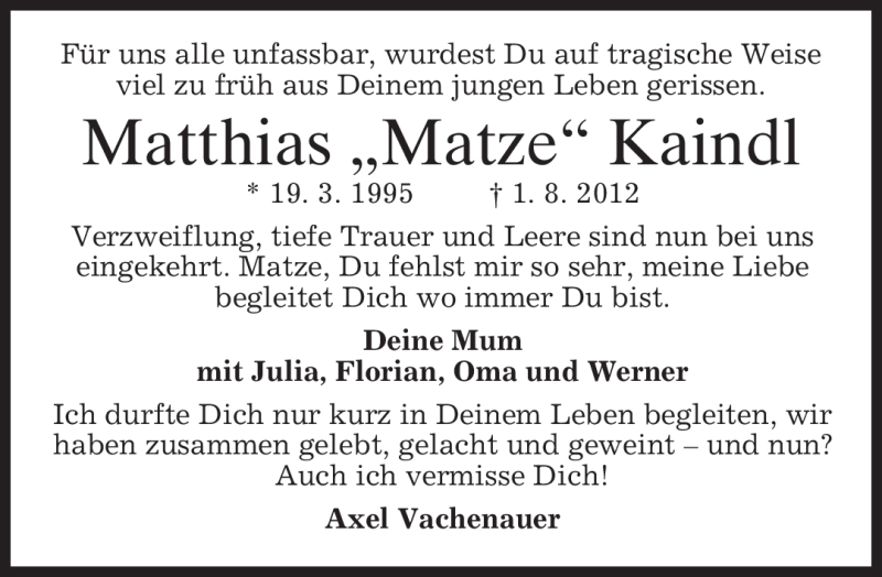  Traueranzeige für Matthias Kaindl vom 04.08.2012 aus MERKUR & TZ