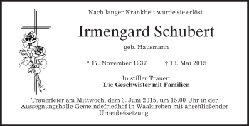 Traueranzeige von Irmengard Schubert von merkurtz