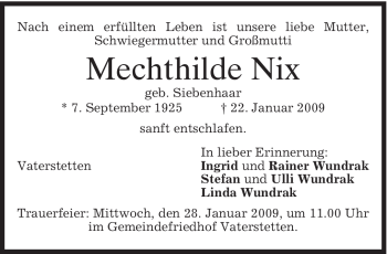 Traueranzeige von Mechthilde Nix von MERKUR & TZ