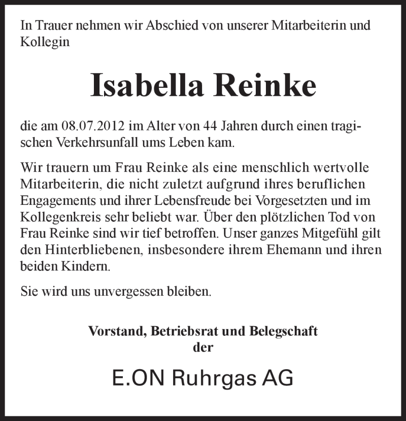  Traueranzeige für Isabella Reinke vom 14.07.2012 aus MERKUR & TZ