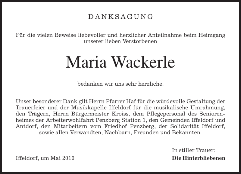  Traueranzeige für Maria Wackerle vom 15.05.2010 aus MERKUR & TZ