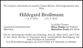 Traueranzeige von Hildegard Broßmann von merkurtz
