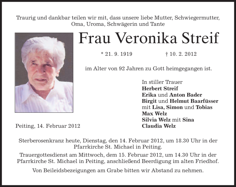  Traueranzeige für Veronika Streif vom 14.02.2012 aus MERKUR & TZ