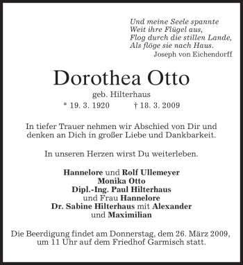 Traueranzeige von Dorothea Otto von MERKUR & TZ