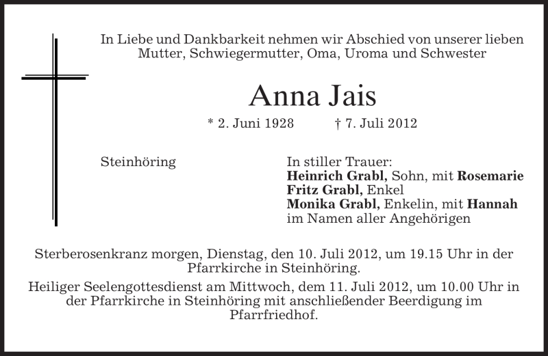  Traueranzeige für Anna Jais vom 09.07.2012 aus MERKUR & TZ