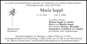 Traueranzeige von Maria Sappl von MERKUR & TZ