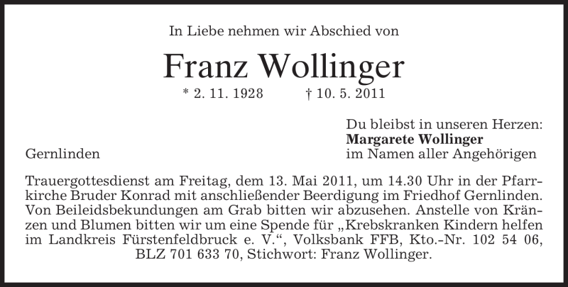  Traueranzeige für Franz Wollinger vom 12.05.2011 aus MERKUR & TZ