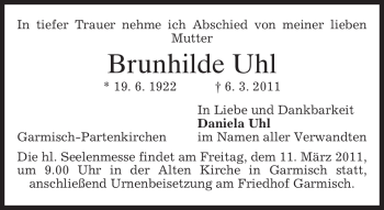 Traueranzeige von Brunhilde Uhl von MERKUR & TZ