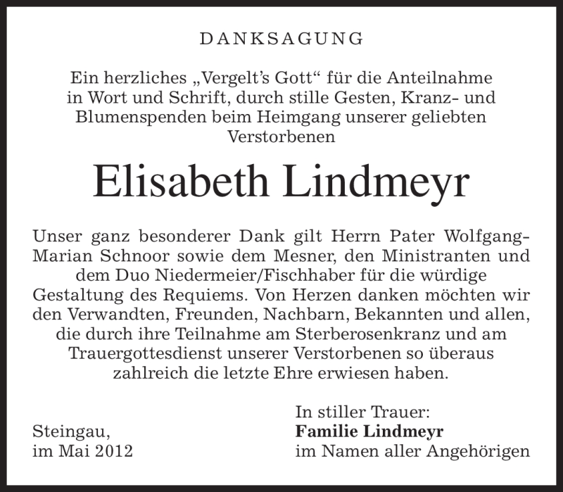  Traueranzeige für Elisabeth Lindmeyr vom 05.05.2012 aus MERKUR & TZ