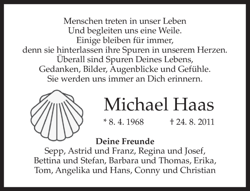  Traueranzeige für Michael Haas vom 27.08.2011 aus MERKUR & TZ