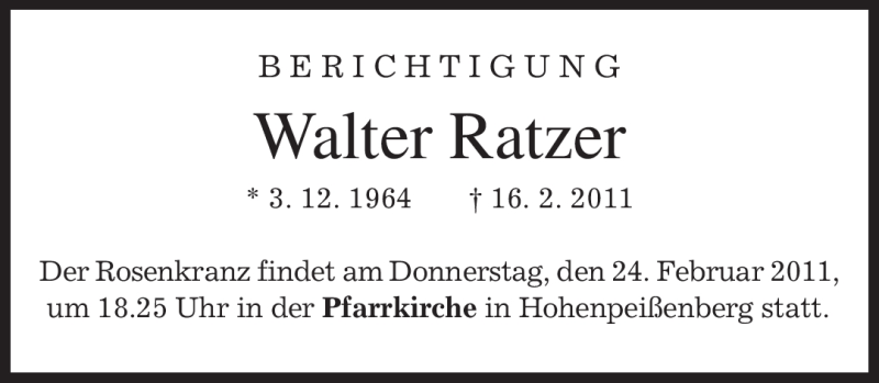  Traueranzeige für Walter Ratzer vom 24.02.2011 aus MERKUR & TZ