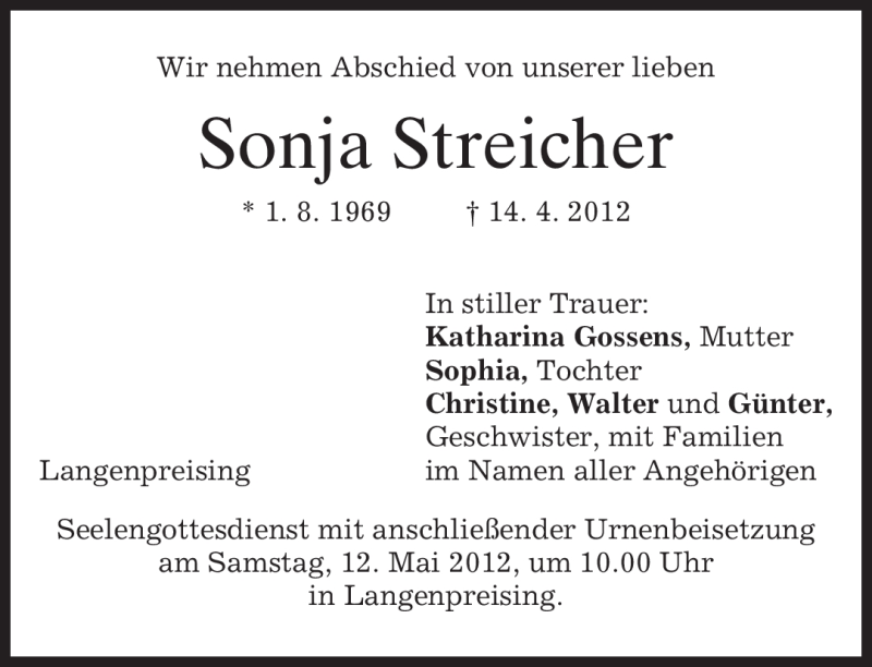  Traueranzeige für Sonja Streicher vom 10.05.2012 aus MERKUR & TZ