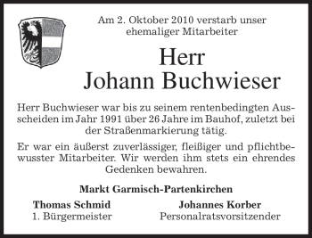 Traueranzeige von Johann Buchwieser von MERKUR & TZ