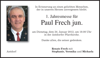 Traueranzeige von Paul Frech von MERKUR & TZ