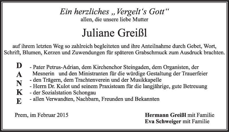  Traueranzeige für Juliane Greißl vom 25.02.2015 aus merkurtz