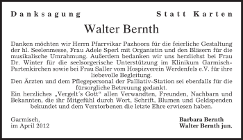 Traueranzeige von Walter Bernth von MERKUR & TZ