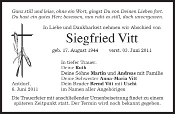 Traueranzeige von Siegfried Vitt von MERKUR & TZ