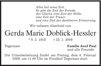 Traueranzeige von Gerda Marie Doblick-Hessler von MERKUR & TZ