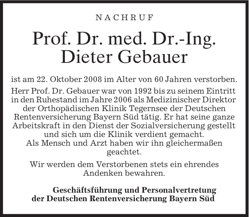  Traueranzeige für Dieter Gebauer vom 25.10.2008 aus MERKUR & TZ