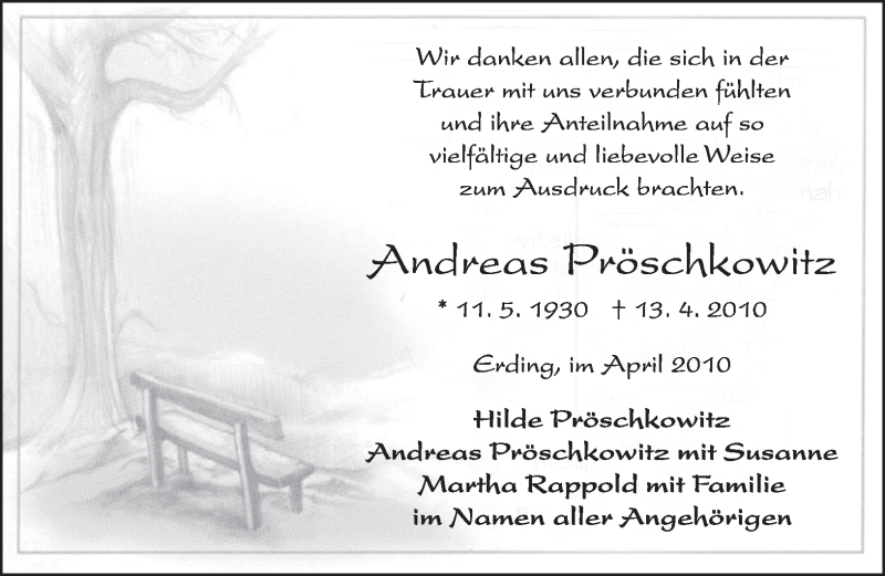  Traueranzeige für Andreas Pröschkowitz vom 24.04.2010 aus MERKUR & TZ