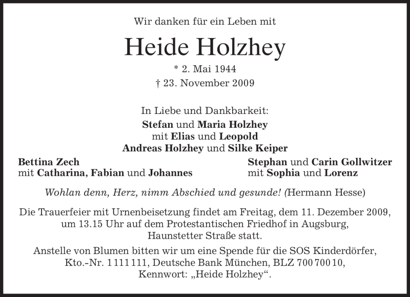  Traueranzeige für Heide Holzhey vom 03.12.2009 aus MERKUR & TZ