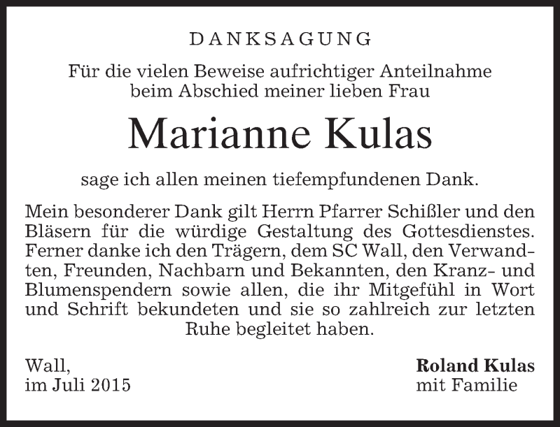 Traueranzeige für Marianne Kulas vom 07.07.2015 aus merkurtz