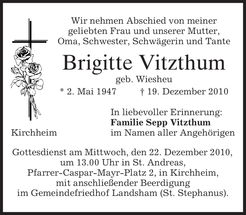  Traueranzeige für Brigitte Vitzthum vom 21.12.2010 aus MERKUR & TZ