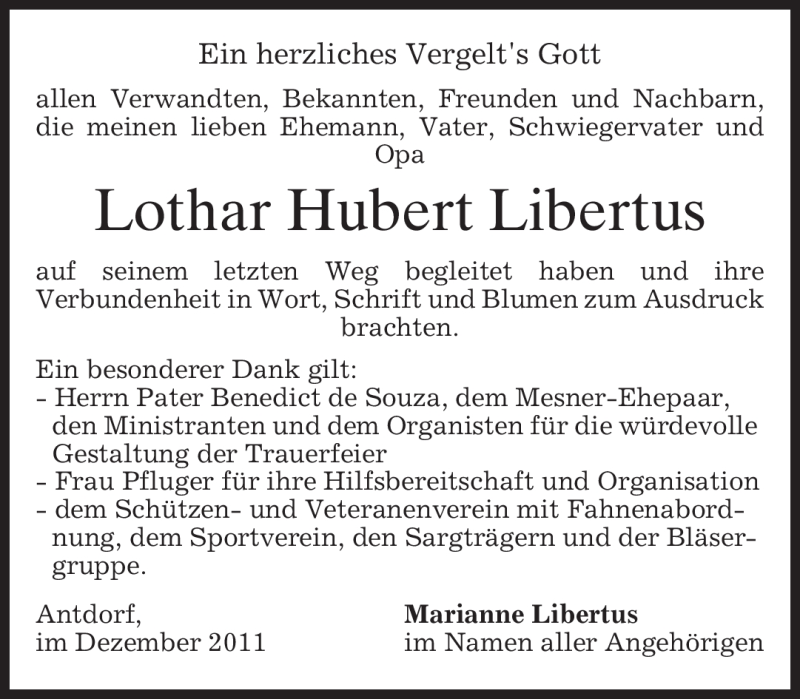  Traueranzeige für Lothar Hubert Libertus vom 22.12.2011 aus MERKUR & TZ