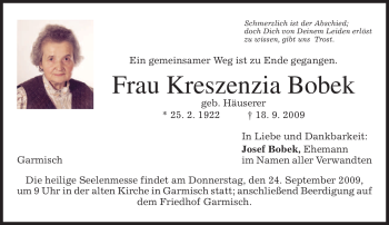 Traueranzeige von Kreszenzia Bobek von MERKUR & TZ