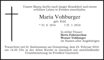 Traueranzeige von Maria Vohburger von MERKUR & TZ