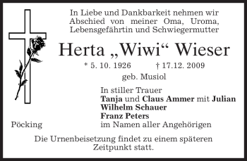 Traueranzeige von Herta Wieser von MERKUR & TZ