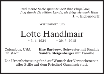 Traueranzeige von Lotte Handlmair von merkurtz
