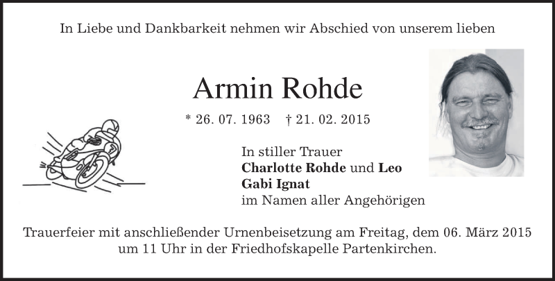  Traueranzeige für Armin Rohde vom 03.03.2015 aus merkurtz