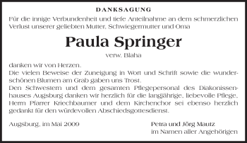 Traueranzeige von Paula Springer von MERKUR & TZ